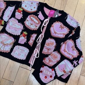 QUEEN OF SPARKLES Black Cake & Pastries Valentine Tie-Up Sweater